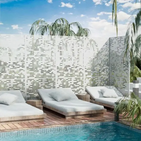 Pexfix 72 x 35 Inch Metal Privacy Screen Freestanding Outdoor Divider Panel For Patio Deck Balcony Heavy Duty Base Weatherproof White Light Shadow image {8}