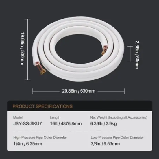 VEVOR 16FT Mini Split Line Set,1/4" & 3/8" O.D Copper Pipes Tubing and Triple-Layer Insulation,for Air Conditioning or Heating Pump Equipment, White image {7}