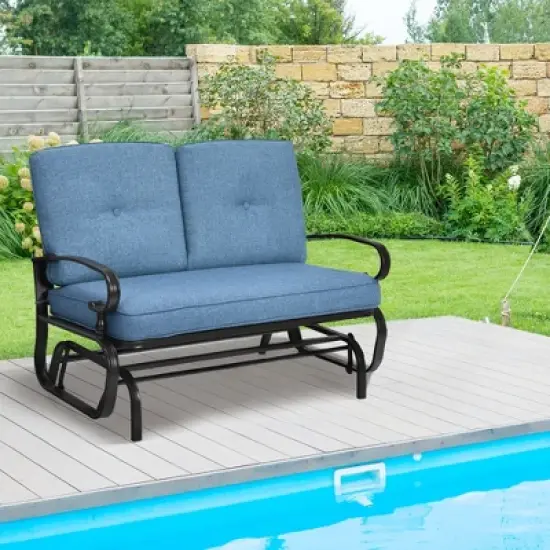 Costway 2-Person Outdoor Swing Glider Chair Bench Loveseat Cushioned Sofa Blue\Beige image {11}