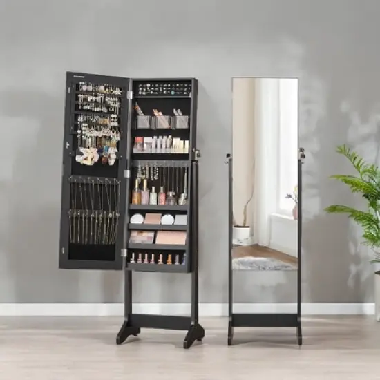 Jewelry Cabinet Armoire, Freestanding Lockable Storage Organizer with 2 Plastic Cosmetic Storage, Full-Length Frameless Mirror for Necklace Earring image {2}