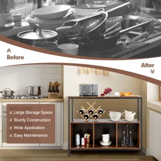 Costway Buffet Sideboard Kitchen Storage Cabinet Open Shelf w/ 3 Compartments Black\Rustic image {8}