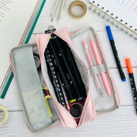 Wrapables Large Capacity Pencil Case, 3 Compartment Pencil Pouch for Stationery Pens, Pink image {3}