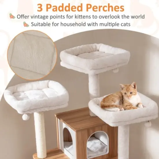Costway 68&rdquo; Tall Cat Tree Wood Cat Tower w/ 3 Padded Perches Multi-Level Climbing Furniture image {7}