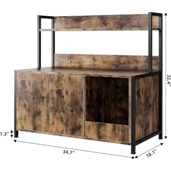 Rustic Brown Cat Litter Box Enclosure with Storage Shelves, Hidden Cabinet with Scratching Pad & Doors image {3}