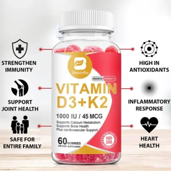 B Beworth Natural Vitamin D3 + K2 Gummies, 60 Gummies image {2}