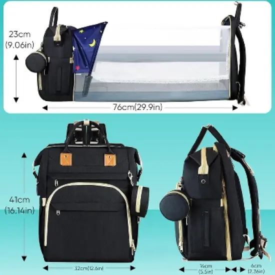 Itopfox Large Capacity Diaper Backpack with USB Port, Waterproof & Foldable Baby Travel Bag for Parents, Black image {2}