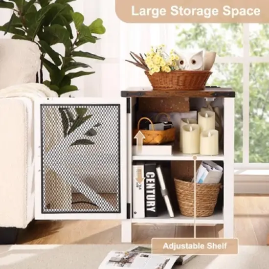 Nightstand with Charging Station, 18" Farmhouse Night Stand End Table with Barn Door, Rustic Wood Sofa Side Table with Storage image {3}