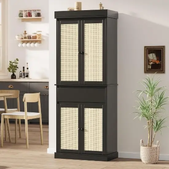 69" Freestanding Pantry Cabinet - Tall Kitchen Storage with Rattan Doors, Adjustable Shelves & Drawer for Living Room or Dining Room image {8}