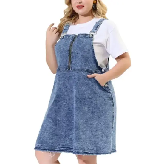 Agnes Orinda Women's Plus Size Denim Overall Zipper Frayed Adjustable Strap Suspender Dresses image {1}