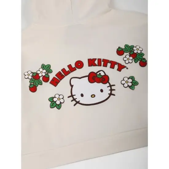 Hello Kitty Strawberries Puff Print Long Sleeve Zip Up Women's White Cropped Hoodie image {3}