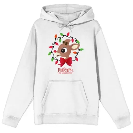 Rudolph the Red-Nosed Reindeer with Christmas Lights and Movie Title Logo Men's White Graphic Hoodie image {6}