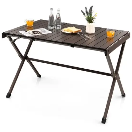 Costway 4-6 Person Portable Aluminum Camping Table Lightweight Roll Up Table Grey/Brown image {9}