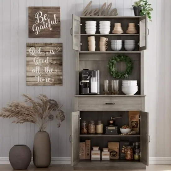 70.9" Tall Kitchen Pantry Cabinet, Wood Cupboard Storage Cabinet with Microwave Stand, Freestanding Hutch Cabinet, Coffee Bar Cabinet image {1}