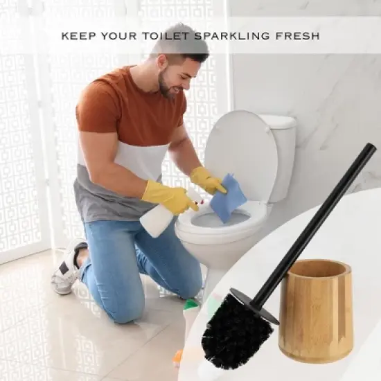 Evideco French Home Goods Natural Bamboo Toilet Brush and Holder Set - Durable Wooden Bathroom Ensemble image {5}