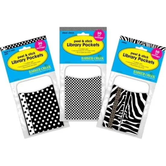 3pk 30ea Black and White Designs Peel & Stick Library Pockets - Barker Creek: Teaching Aid, All Ages, 90 Pieces image {4}