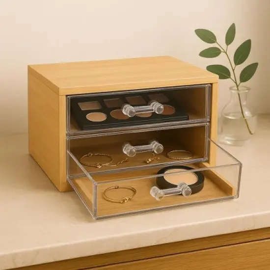 Compact Bamboo Makeup & Jewelry Organizer with 2 Tier Acrylic Drawers, Nonslip Cosmetic Storage Box for Palettes, Skincare & Beauty Accessories image {1}