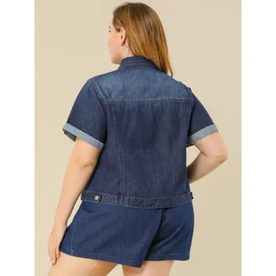 Agnes Orinda Women's Plus Size Denim Button Front Crop Short Sleeve Trucker Jean Jackets image {4}