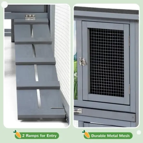 Sandinrayli Large Rabbit Hutch Outdoor Indoor, 94.5" L 2-Level Wooden Pet House with Removable Tray & Multiple Entrances, Grey image {5}
