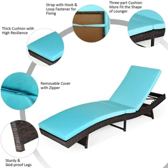 Costway 2PCS Patio Rattan Folding Lounge Chair Chaise Adjustable White\Turquoise Cushion image {7}