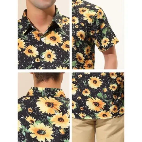 Lars Amadeus Men's Sunflower Printed Short Sleeve Button Down Hawaiian Floral Shirt image {5}