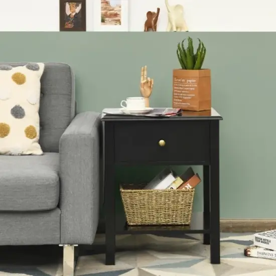 Costway 2PCS Nightstand  Drawer Shelf Storage Display Black image {1}