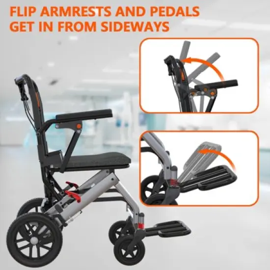 Ultra-Light Portable Transport Wheelchair, Foldable w/Lock Brakes & Flip Armrests image {2}