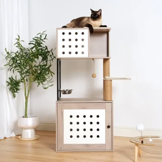 Kumasinova Modern Cat Tree with Litter Box Enclosure,Cat Tree Tower with Feeding Station,Multi-Functional Cat Tower with Scratching Post,Gray+White image {5}