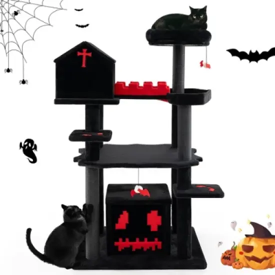 Tangkula Gothic Cat Tree 49" Tall Cat Tower w/ Coffin Bed & 2 Condos & Cozy Perch image {10}