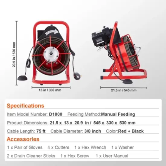 VEVOR Drain Cleaner Machine 75FT x 3/8 Inch, Sewer Snake Auger Manual Feed, 250W Electric Drain Cleaning Machine, Red image {7}