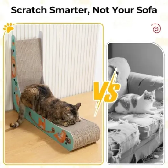 SEVOBAL L-Shape Cat Scratcher Lounge Corrugated Cardboard Scratching Pad for Indoor Cats Durable Cat Furniture with Feather Spring Toy Cartoon Design image {3}