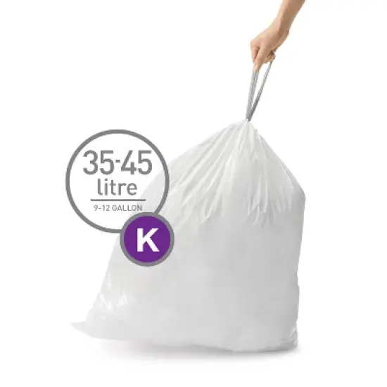 simplehuman 35-45L Code K Custom Fit Kitchen Trash Bag Liners 3 Quick-Dispense Packs - 60ct: Drawstring, White, Plastic image {1}