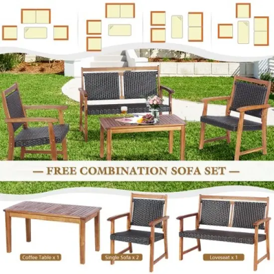 Costway 4 PCS Patio Rattan Furniture Set Acacia Wood Frame Sofa Loveseat Garden image {4}