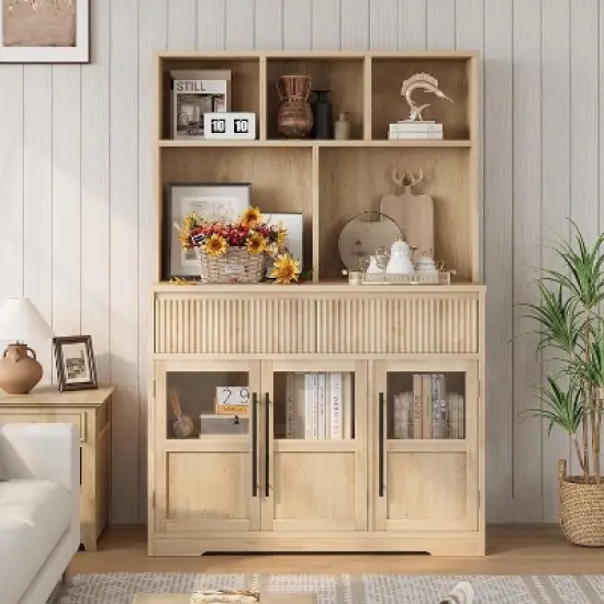 60'' Kitchen Pantry Cabinet, Tall Pantry Storage Cabinet with Microwave Stand, Farmhouse Kitchen Hutch with Storage Drawers image {3}