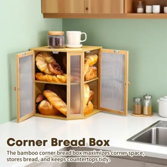 Unique Bargains Bamboo Acrylic Wavy Double Door Panel Large Corner Bread Container Natural Wood image {3}