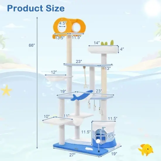 Petsite Ocean-themed Cat Tree Tower with Sisal Covered Scratching Posts Condo Perch Hammock image {2}