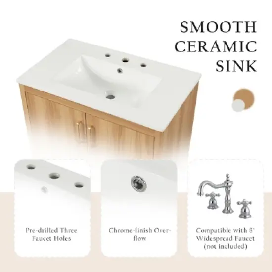 30"W Bathroom Vanity with Sink, Multi-Functional Bathroom Cabinet with Storage Rack and Functional Drawer with Slides, Natural-ModernLuxe image {3}