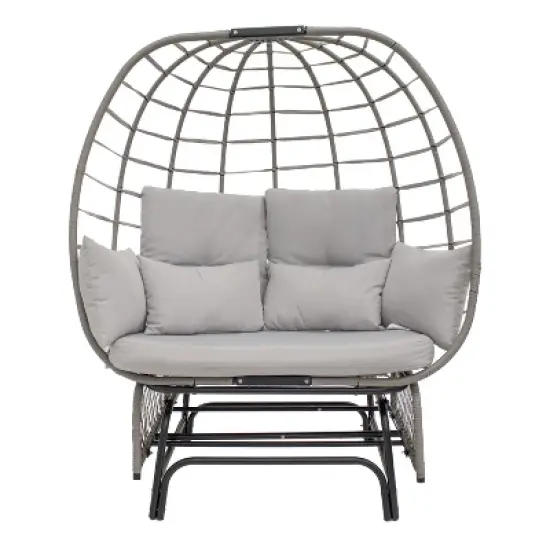 Sunnydaze Outdoor Polyrattan Double Egg Chair Glider with Cushions and Pillows - Gray image {10}