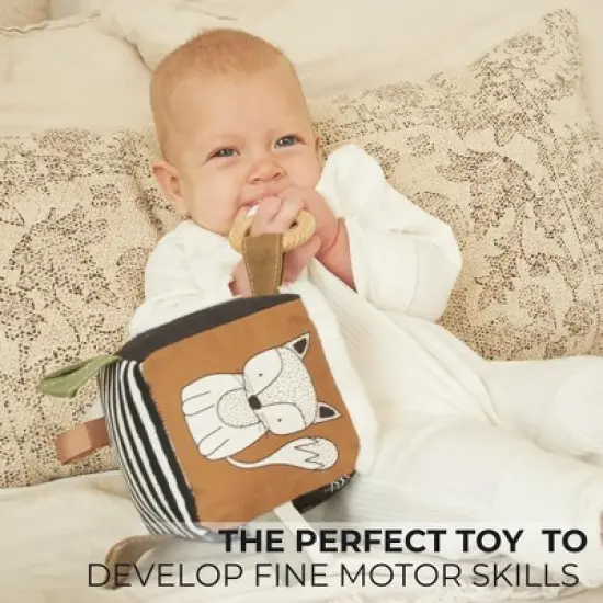 Soft Toy Block with Wooden Ring for Babies 0-6 Months &ndash; High Contrast Sensory Cube & Teether with Tummy Time Mirror for Newborn Development image {3}