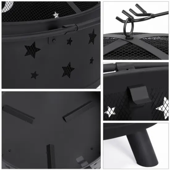 Yaheetech 30" Outdoor Fire Pit Set Heating Warm Equipment Including Poker Mesh Cover with Stars Moons Pattern Black image {4}