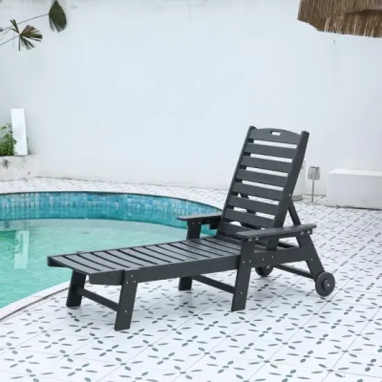 5 Level Adjustable Outdoor Chaise Lounge With Wood Texture,HDPE Patio Chaise Lounge,Patio Lounge Chair With Wheels And Cup Holder -Maison Boucle image {8}