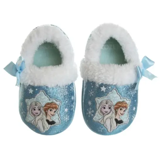 Disney Frozen Girl Slippers - Elsa and Anna Plush Lightweight Warm Comfort Soft Aline House Shoes - Blue ribbon (sizes 5-12 Toddler-Little Kid) image {8}