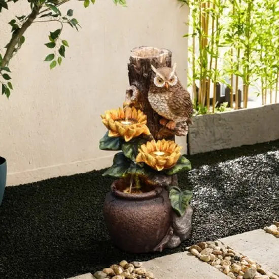 LuxenHome 28 Inch Outdoor Water Fountain, Owl and Sunflower Cascading Waterfall Fountain Outdoor and Indoor with LED Lights Brown image {3}
