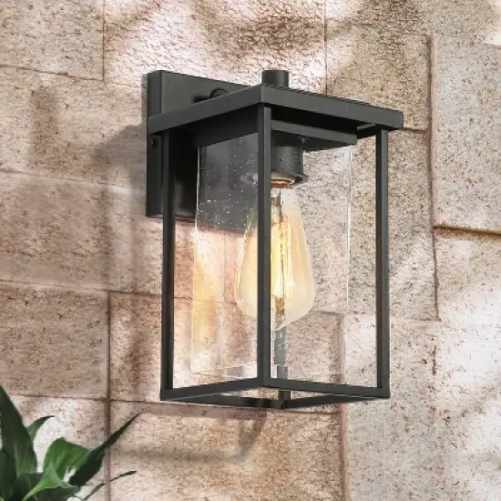10" Metal/Seeded Glass Square Modern Outdoor Wall Light Black - LNC image {1}