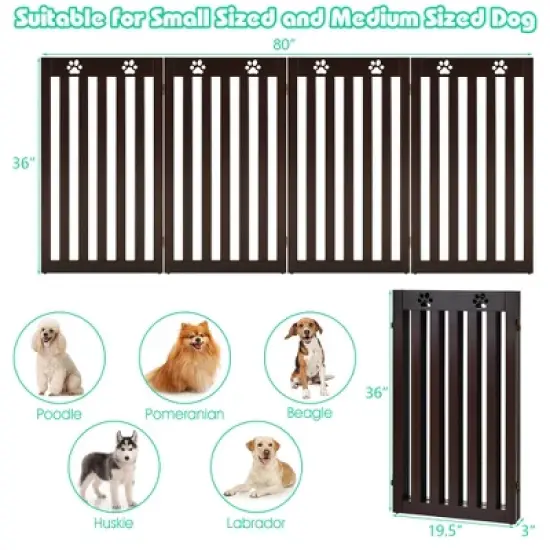 Costway 36'' Folding Wooden Freestanding Pet Gate Dog Gate W/360&deg; Hinge White/Espresso image {1}