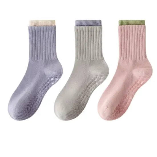 Anna-Kaci Womens Non-Slip Grip Crew Socks 3 Pair Pack Custom Color Combos Soft Ribbed Cotton with 3D Silicone Heel image {8}