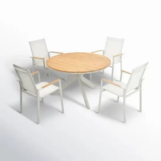 Round Planked Wood Top Outdoor Dining Set 4Piece Textured Mesh Chair Patio Furniture image {9}