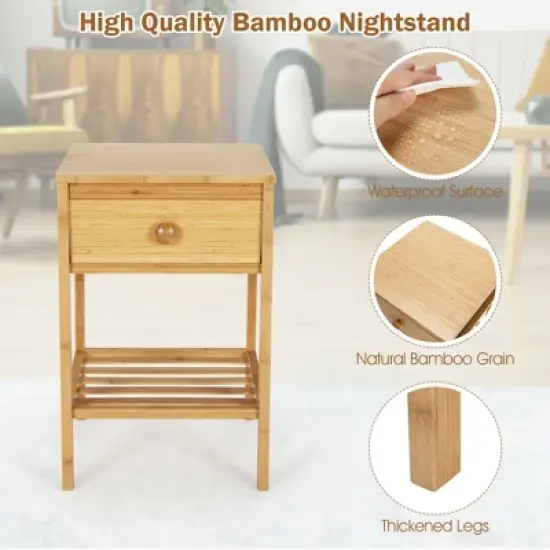 Costway Bamboo Nightstand Natural Side End Table w/Drawer for Living Room Bedroom image {6}