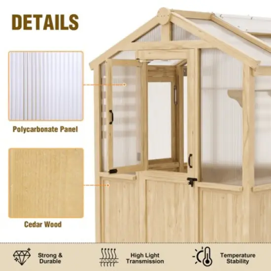 EAGLE PEAK Wooden Polycarbonate Walk-in Greenhouse, Cedar Hobby Green House with Roof Vent image {5}