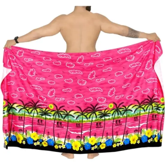 LA LEELA Men's Cover Up Hawaiian Summer Long Swim Trunk Swimwear for Men Vacation Beach Holidays Beachwear Pareo One Size Pink, Floral image {2}