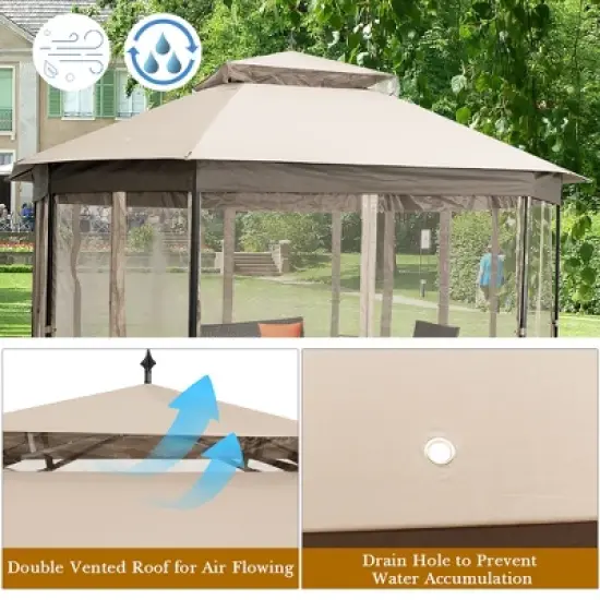 Costway 10'x12' Patio Gazebo Canopy Shelter Double Top Netting Sidewalls Beige image {5}
